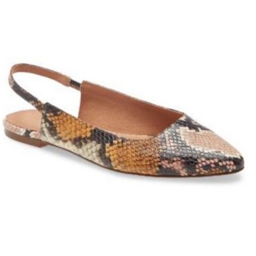 Madewell Womens Black Tan Leather Snakeskin Embossed Slingback Flats Sz 8 NIB